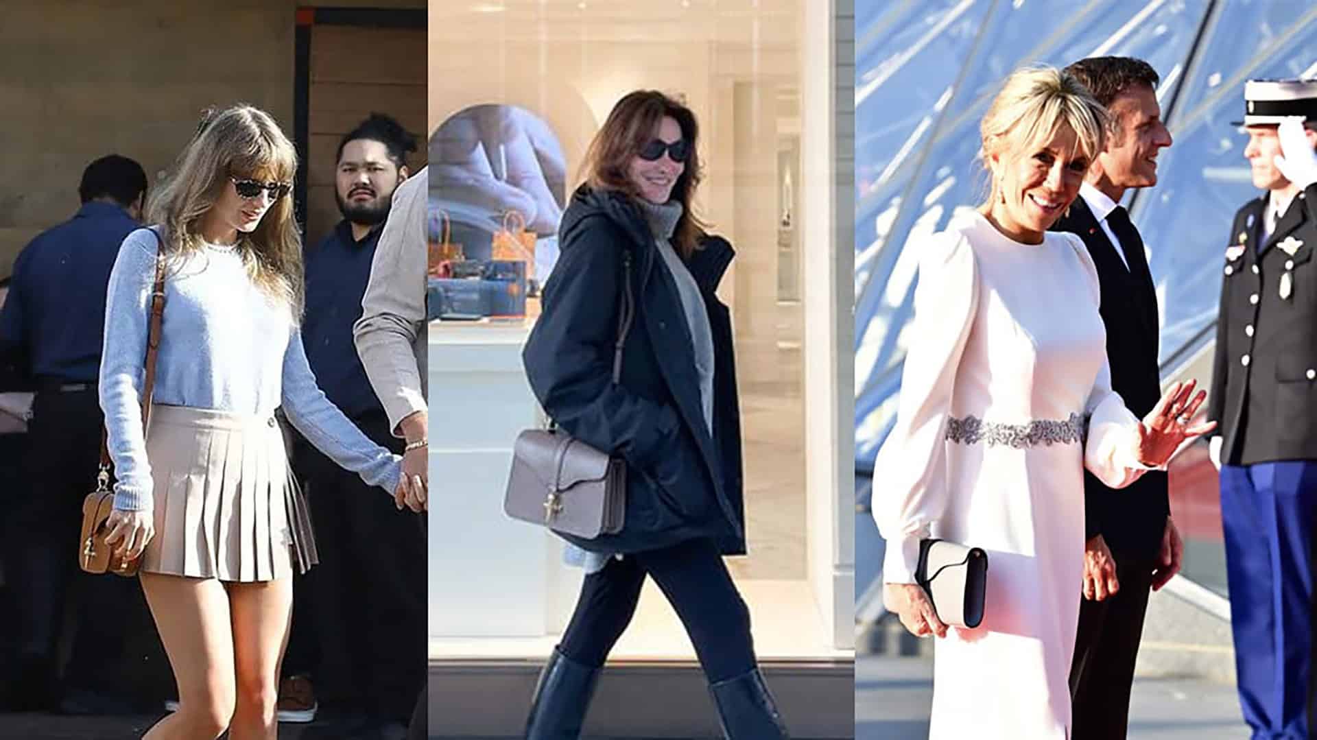 Taylor Swift, Carla Bruni et Brigitte Macron portant des sacs de luxe Joseph Duclos lors d’un événement officiel