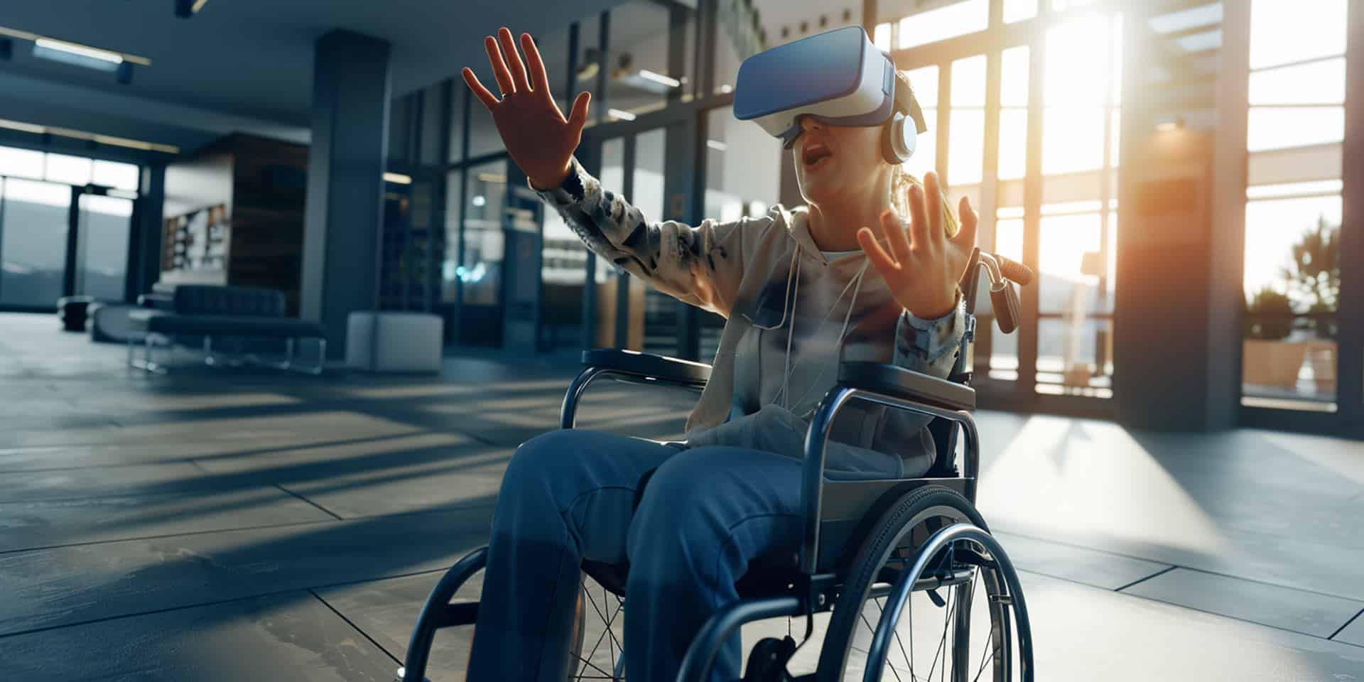 Personne en fauteuil roulant utilisant un casque de réalité virtuelle, mains levées, plongée dans une visite immersive interactive