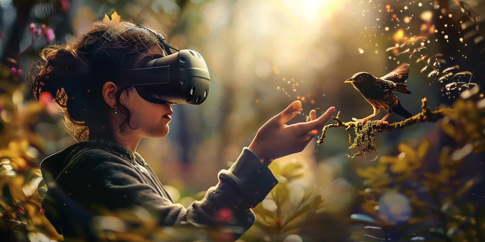 Utilisateur portant un casque VR, touchant un oiseau dans un décor naturel simulé en stéréoscopie 360°